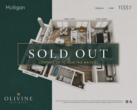Floor plan for 2 beds, 2 baths, 1133 sqft